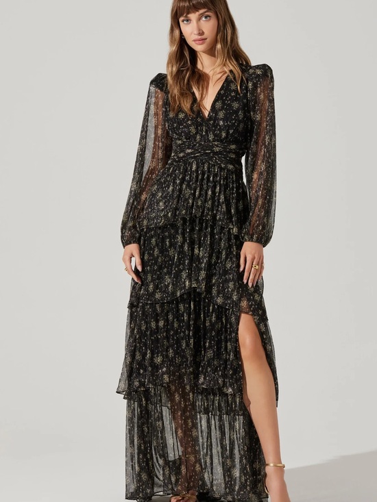 ASTR the Label Dresses & Skirts - Black Floral Tiered V-Neck Maxi Dress